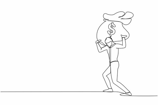 recommend clip art: Single one line drawing exhausted businessman carrying heavy money bag on his back. Stressed worker difficult to making money. Financial crisis in pandemic. Continuous line design vector illustration
