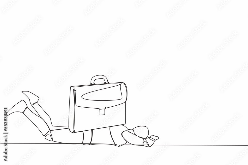 Poster single continuous line drawing stressed robot under heavy briefcase burden. pressure from too much r