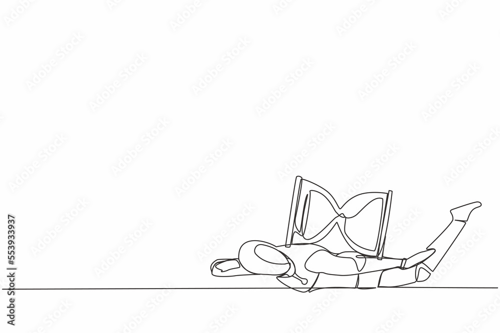 Poster single one line drawing stressed robot under heavy hourglass burden. robot with deadline problem ope
