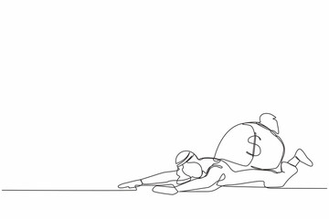Single one line drawing Arabian businessman under heavy money bag burden. Finance crisis money fall down. Economic crash due to pandemic. Modern continuous line draw design graphic vector illustration