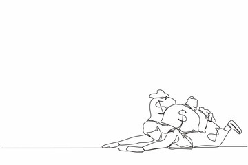 Continuous one line drawing unhappy businesswoman under heavy money bag burden. Stressed entrepreneur difficulty making money. Financial crisis due to pandemic. Single line design vector illustration