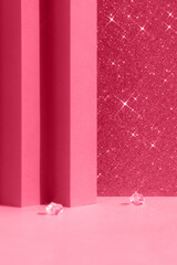 Abstract geometric magenta and shiny sparkling background with crystals for the presentation of a...