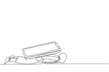 Single continuous line drawing unhappy businesswoman under heavy smartphone burden. Depression, fatigue, mental stress, frustration due to overworked. One line draw graphic design vector illustration