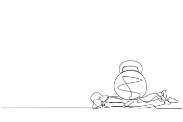 Continuous one line drawing unhappy businesswoman under heavy kettlebell burden. Tension, heaviness in business life. Overwork, stress, time management. Single line graphic design vector illustration