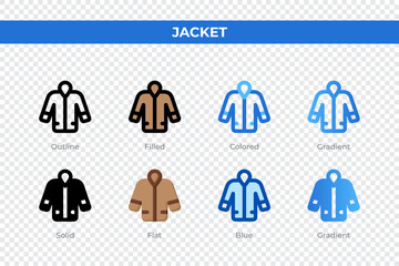 Fototapeta premium Jacket icons in different style. Jacket icons set. Holiday symbol. Different style icons set. Vector illustration