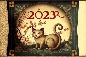 Tet Vietnamese lunar new year, 2023 year of the cat zodiac generative ai - obrazy, fototapety, plakaty