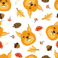 Naklejka premium Cute squirrel seamless vector pattern. Fly agaric, cone, acorn, oak leaf, squirrel head, berries texture.