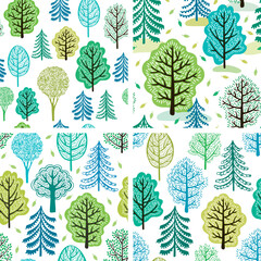 Spring and summer forest. Collection of trees seamless patterns