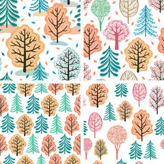 Winter, spring, summer and autumn forest. Four seasons. Collection of trees seamless patterns