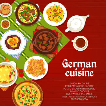 German cuisine menu cover page. Black tea, potato salad with mustard and pork pasta soup Eintopf, vegetable sausage casserole, almond cookie and beef beer stew, onion bacon pie, liver with apple sauce