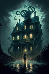 horror, Lovecraft, castle, moon, fog, lights, road, rain, art illustration