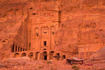 The Urn tomb, one of the royal tombs in Petra, Jordan in the dusk, close-up view