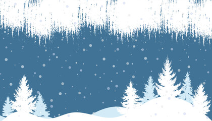Winter landscape, silhouette of fir trees, grunge elements. Vector illustration.