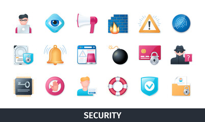 Security 3d vector icon set. Fingerprint, password, alarm, firewall, hacker, data protection, cryptography, internet, privacy. Realistic objects in 3D style