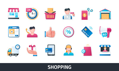 Shopping 3d vector icon set. Sale, basket, shop, support, online shopping, marketing, product, retail, delivery. Realistic objects in 3D style