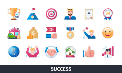 Success 3d vector icon set. Win, opportunity, prize, finance, partnership, leadership, motivation, development, welfare, wealth, award, achievement. Realistic objects in 3D style