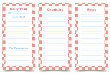 Set of daily palnners, checklist, notes pages template. Routine organization. Vertical list on pink checkerboard pattern background. Y2k style. Vector illustration