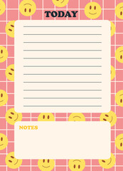 Daily planner page template. Tasks for today. Vertical list on abstract pink cage pattern background and emoji smile elements. Y2k style. Vector illustration