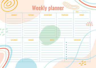 Horizontal personal weekly planner template. Page A4 with abstract elements. Schedule for 7 days of the week, notes and checklist for daily routine in vector format