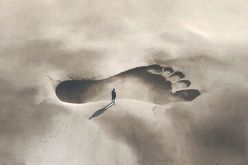 Illustration of a little man following huge footprints in the sand, surreal concept