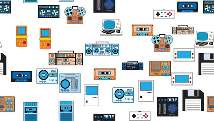 Seamless pattern endless with tech electronics equipment old retro vintage hipster from 70s, 80s, 90s isolated on white background. Vector illustration