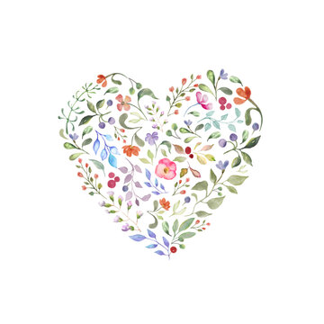 Heart made of watercolor floral.  Valentine's Day card. Hand drawn  illustration isolated on white background. For packaging,  wrapping design or print. Vector EPS.
