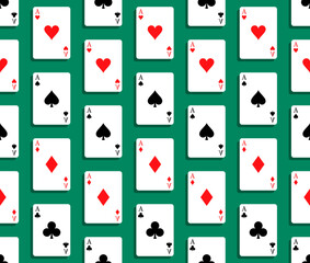 Seamless pattern with set of 4 aces of playing cards of different suits. Diamonds, Hearts, Clubs, Spades. Ornament for decoration and printing on fabric. Design element. Vector