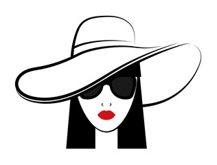 Young girl in wide hat and sunglasses with long black hair. Sketch of female character with black lines. Minimalistic Vector isolated on white background