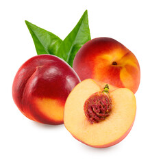 Nectarine with leaves isolated on white background. clipping path