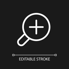 Magnifying glass with plus for map pixel perfect white linear ui icon for dark theme. Zoom in. Vector line pictogram. Isolated user interface symbol for night mode. Editable stroke. Arial font used