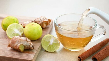 Serving ginger lemon tea served in a glass cup. - Powered by Adobe