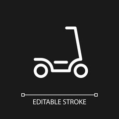 Electric scooter pixel perfect white linear ui icon for dark theme. Eco-friendly transport. Vector line pictogram. Isolated user interface symbol for night mode. Editable stroke. Arial font used