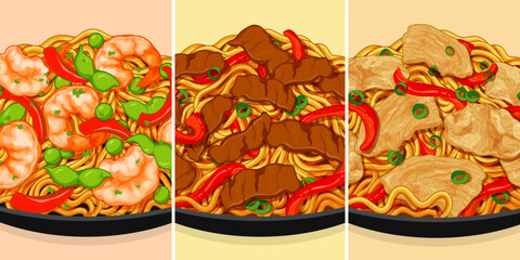 Famous asian food noodle set menu banner illustration vector. Chinese stir fry noodles with shrimp prawn beef pork and chicken menu close up. Japanese stir fry noodles with yakisoba.
