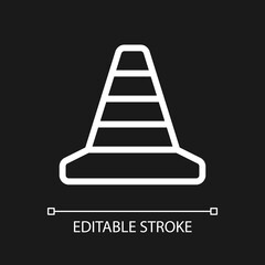 Traffic cone pixel perfect white linear ui icon for dark theme. Road parking. Construction site. Vector line pictogram. Isolated user interface symbol for night mode. Editable stroke. Arial font used