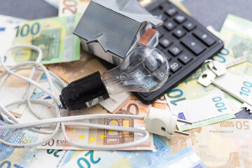 Model house, calculator, euro notes