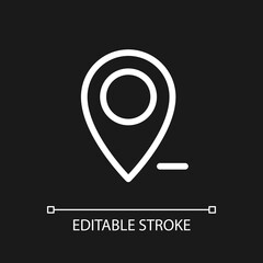 Remove pin from map pixel perfect white linear ui icon for dark theme. Unpin location. Vector line pictogram. Isolated user interface symbol for night mode. Editable stroke. Arial font used