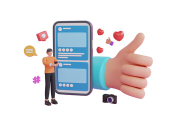 Concept of like at social network, success or good feedback. Cartoon human hand with thumb. 3D social media online platform concept. 3d renderin