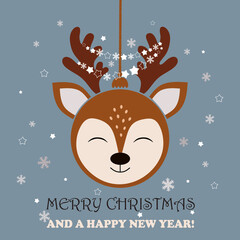 Vector illustration. Merry Christmas and Happy New Year. Christmas ball in the style of deer. Banner, Christmas card, card design, advertisement, social media content, template