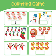Counting the image and writing activity the number. Fun educational worksheet for kids. Printable mathematics page for preschool activity. Kawaii Christmas character and items. Cute cartoon file.