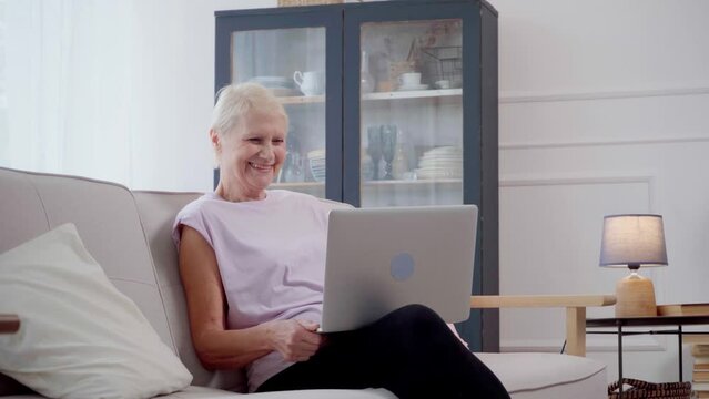 elderly woman with a laptop spends her free time in the living room.