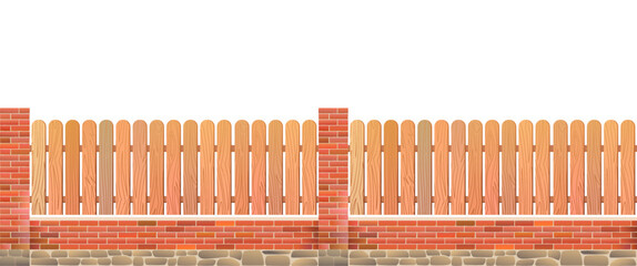 Set of fence. Wooden fence with brick pillars. Horizontal seamless design. Isolated on white background Vector.