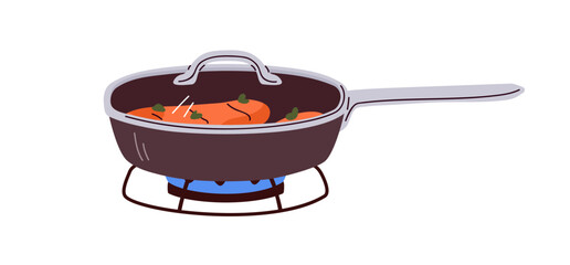 Meat beef steak in frying pan, cook process on gas cooker. Cooking dinner meal, fish dish on stove with burning fire. Food frypan closed with lid. Flat vector illustration isolated on white background