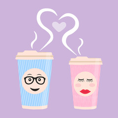 Two cups in love with cute faces on purple background. Greeting card for Valentine's Day.