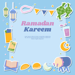 Hand drawn Ramadan Kareem objects elements concept flat sticker background vector stock