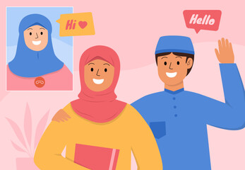 Hand drawn happy muslim character in video call conference concept vector stock design