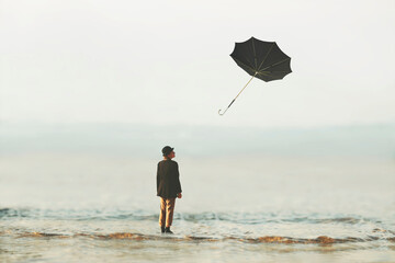 umbrella flying in the sky, business and freedom concept