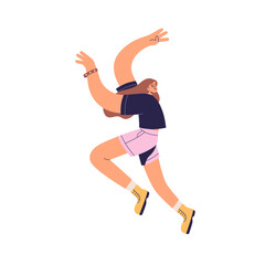 Happy active girl jumping. Young carefree woman in funny pose. Energetic joyful female character with fun, joy expression, positive mood. Flat vector illustration isolated on white background