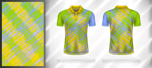 Vector sport pattern design template for Polo T-shirt front and back with short sleeve view mockup. Shades of green-yellow-blue color gradient abstract oblique grunge texture background illustration.