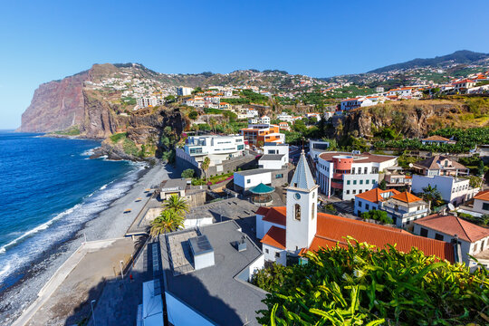 View on the town of Camara de Lobos with church on Madeira island in Portugal