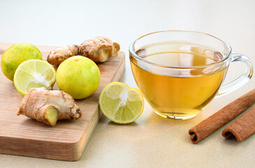 Ginger lemon tea served in a glass cup